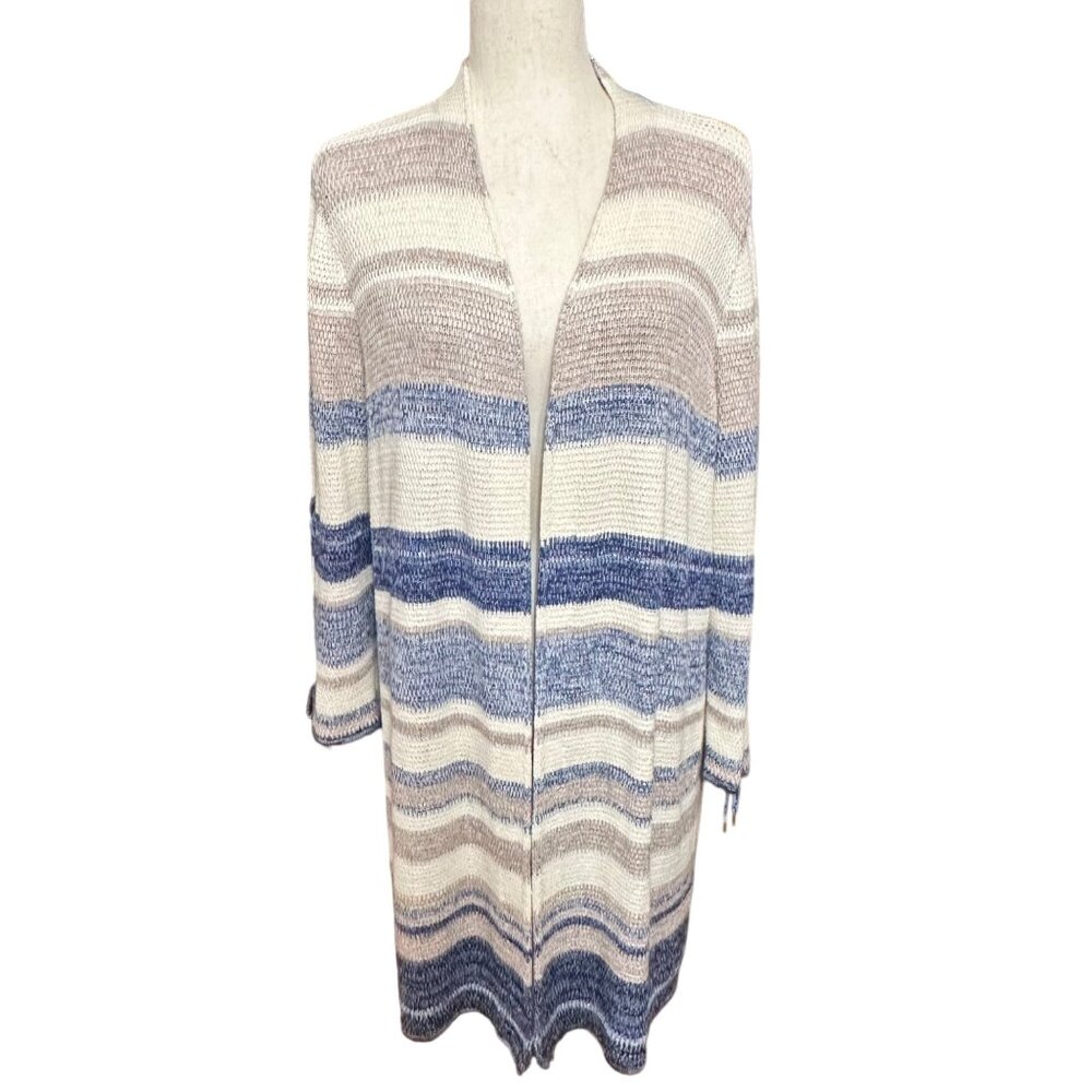 Chico's Cardigan Duster Size 1 M Blue Cream Striped Lace-Up Sleeve Detail Women
